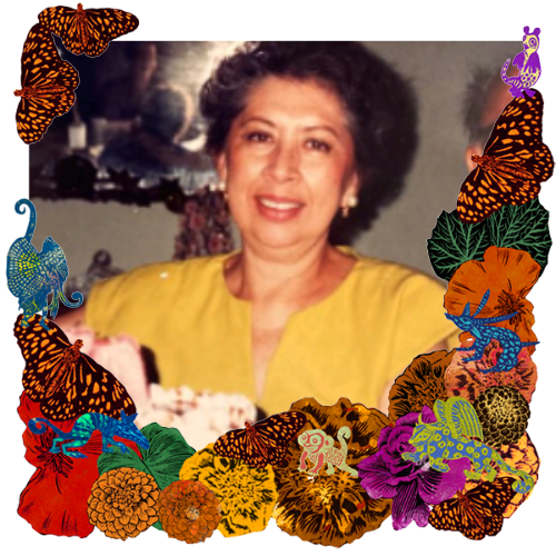 Photo of Mi hermana in a frame with marigolds, flowers, alebrijes and monarch butterflies.