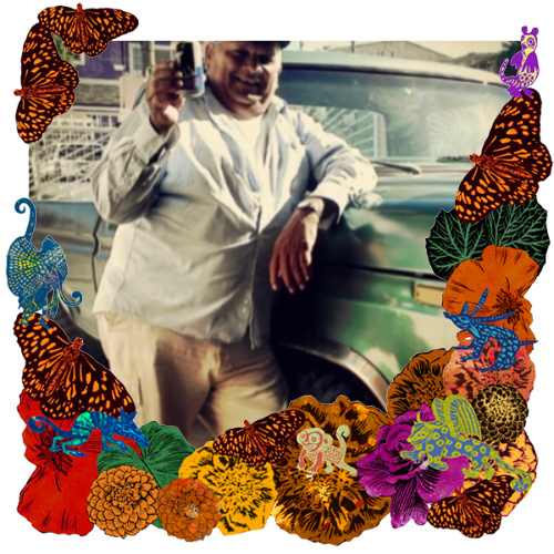 Photo of Marcos Quintero in a frame with marigolds, flowers, alebrijes and monarch butterflies.