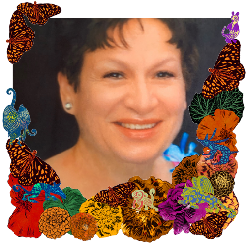 Photo of Margaret Silva Marquez in a frame with marigolds, flowers, alebrijes and monarch butterflies.