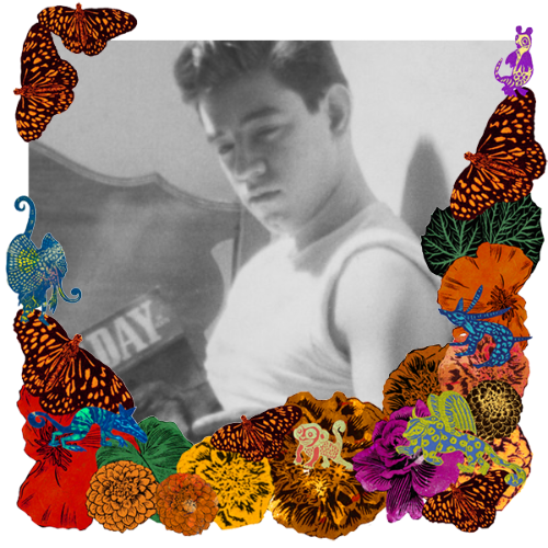 Photo of Margaro Roldan II in a frame with marigolds, flowers, alebrijes and monarch butterflies.