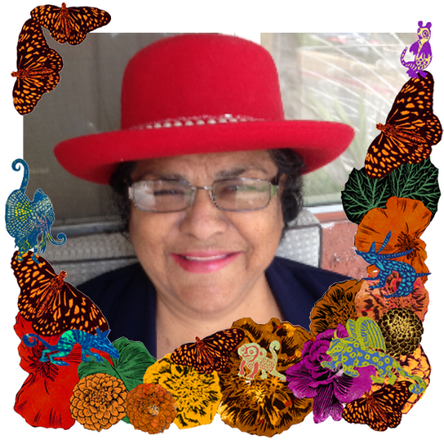 Photo of Maria Angelica Mares in a frame with marigolds, flowers, alebrijes and monarch butterflies.