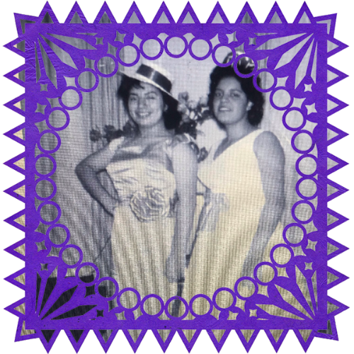 Photo of Maria Carrillo and Loria Sabadin in a frame with papel picado.