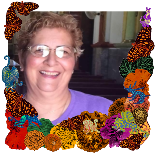 Photo of Maria E. Cuevas in a frame with marigolds, flowers, alebrijes and monarch butterflies.