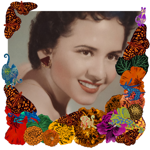Photo of Maria Felix Chavira in a frame with marigolds, flowers, alebrijes and monarch butterflies.