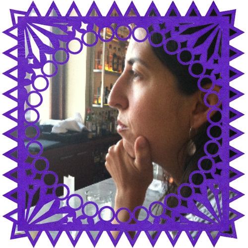 Photo of Maria Fernanda Torres in a frame with papel picado.