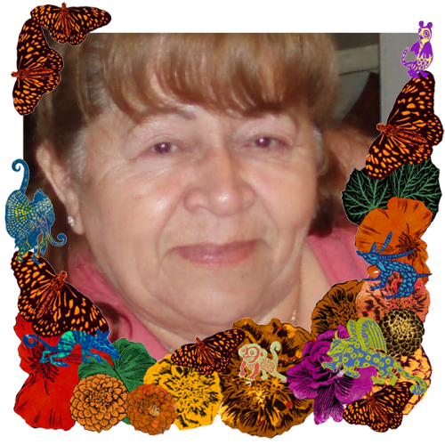 Photo of Maria Frias in a frame with marigolds, flowers, alebrijes and monarch butterflies.