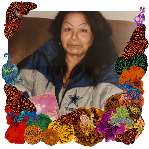 Photo of Maria "Helo" Cruz in a frame with marigolds, flowers, alebrijes and monarch butterflies.