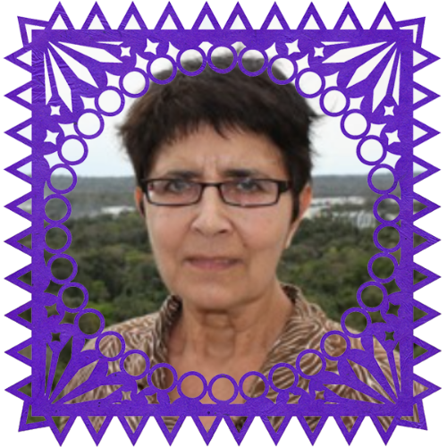 Photo of Maria Lugones in a frame with papel picado.