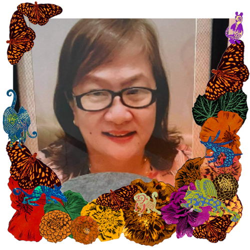 Photo of Maria Paz Misa Herrera in a frame with marigolds, flowers, alebrijes and monarch butterflies.