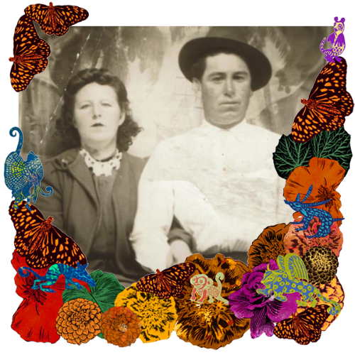 Photo of Marianna y Tomás in a frame with marigolds, flowers, alebrijes and monarch butterflies.
