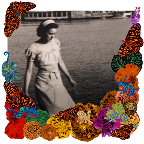 Photo of Marilyn Leal in a frame with marigolds, flowers, alebrijes and monarch butterflies.