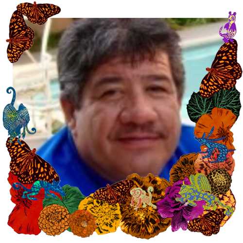 Photo of Mario in a frame with marigolds, flowers, alebrijes and monarch butterflies.