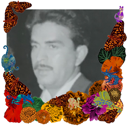 Photo of Mario Tenorio in a frame with marigolds, flowers, alebrijes and monarch butterflies.