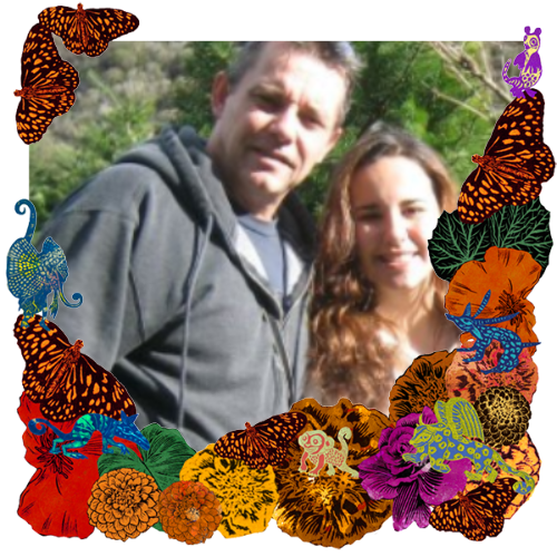 Photo of Mark Gordillo in a frame with marigolds, flowers, alebrijes and monarch butterflies.