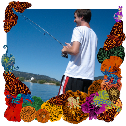 Photo of Mark in a frame with marigolds, flowers, alebrijes and monarch butterflies.