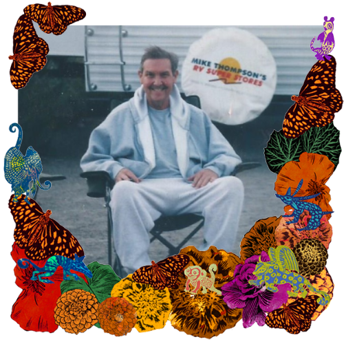 Photo of Mark Murkar in a frame with marigolds, flowers, alebrijes and monarch butterflies.