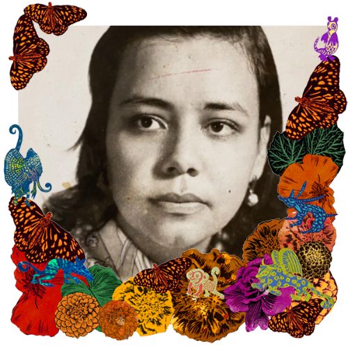 Photo of Marta Jara Terriquez in a frame with marigolds, flowers, alebrijes and monarch butterflies.