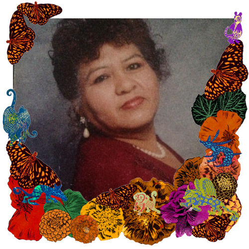 Photo of Martha Alicia Gutierrez in a frame with marigolds, flowers, alebrijes and monarch butterflies.