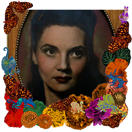 Photo of Mary in a frame with marigolds, flowers, alebrijes and monarch butterflies.