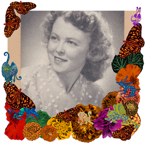 Photo of Mary Andrew in a frame with marigolds, flowers, alebrijes and monarch butterflies.