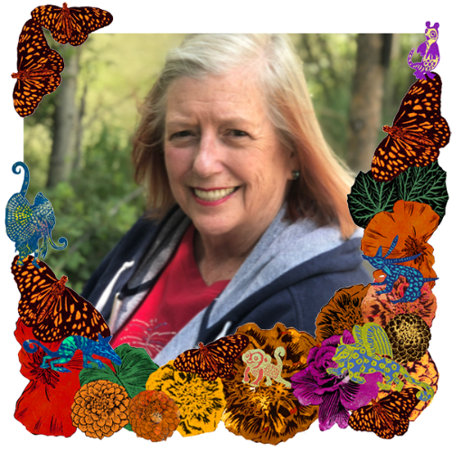 Photo of Mary McKimmey-Catalan in a frame with marigolds, flowers, alebrijes and monarch butterflies.