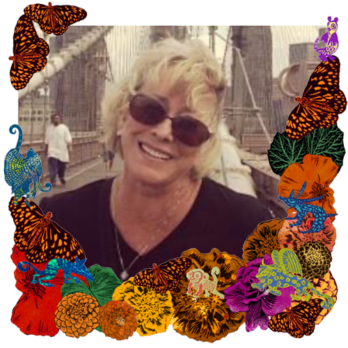Photo of Mary Halovorson in a frame with marigolds, flowers, alebrijes and monarch butterflies.