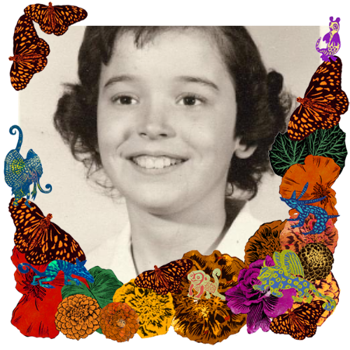 Photo of Mary Katherine Fleming in a frame with marigolds, flowers, alebrijes and monarch butterflies.