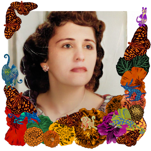 Photo of Mary Rosado Reyes in a frame with marigolds, flowers, alebrijes and monarch butterflies.