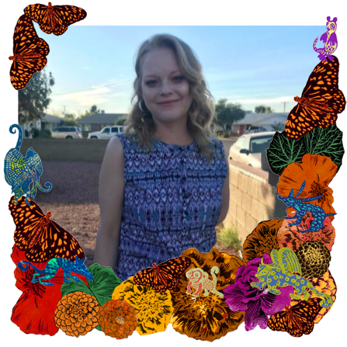 Photo of Meagan in a frame with marigolds, flowers, alebrijes and monarch butterflies.