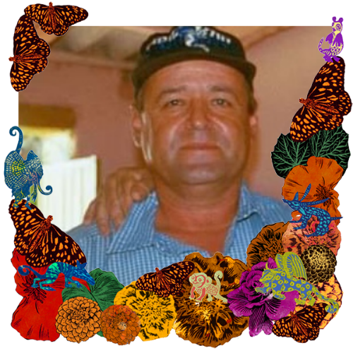 Photo of Melchor Molina in a frame with marigolds, flowers, alebrijes and monarch butterflies.
