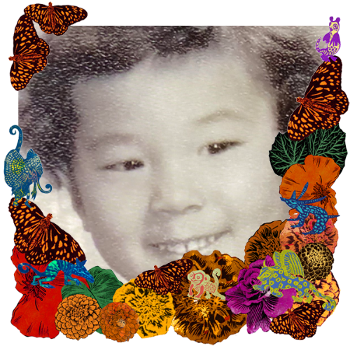 Photo of Merilynne Quon in a frame with marigolds, flowers, alebrijes and monarch butterflies.