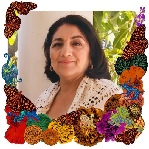 Photo of Mi madre linda in a frame with marigolds, flowers, alebrijes and monarch butterflies.