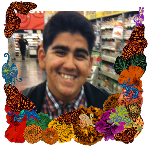 Photo of Michael Valentine in a frame with marigolds, flowers, alebrijes and monarch butterflies.