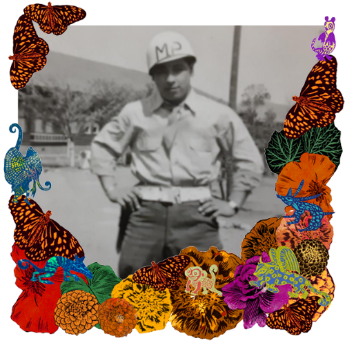 Photo of Miguel Perez in a frame with marigolds, flowers, alebrijes and monarch butterflies.