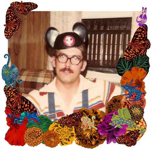 Photo of Mi hermanito "Maddog" in a frame with marigolds, flowers, alebrijes and monarch butterflies.