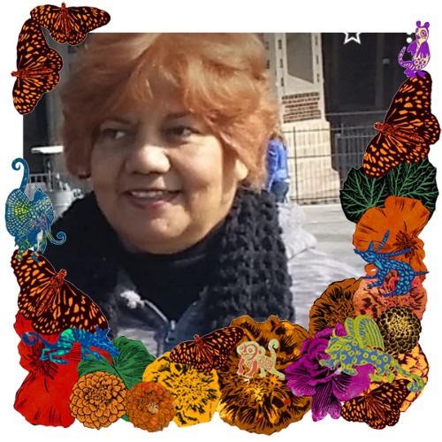 Photo of Mi hermosa madre in a frame with marigolds, flowers, alebrijes and monarch butterflies.