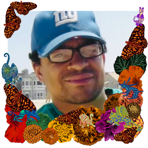 Photo of Miles Armstead in a frame with marigolds, flowers, alebrijes and monarch butterflies.