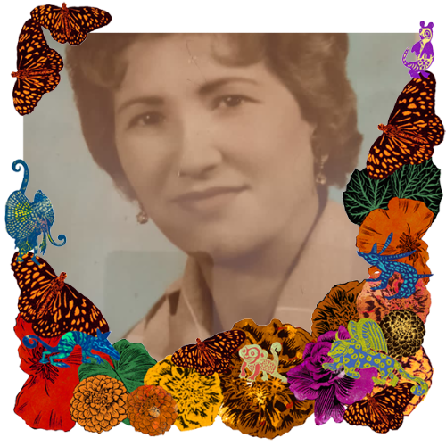Photo of Minha mãe in a frame with marigolds, flowers, alebrijes and monarch butterflies.