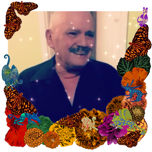 Photo of Mi papá in a frame with marigolds, flowers, alebrijes and monarch butterflies.