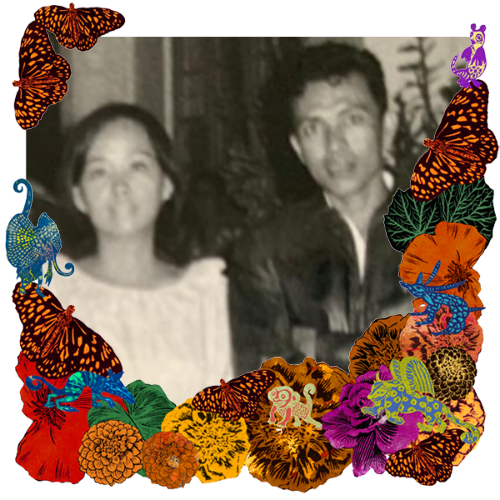 Photo of Mis papás in a frame with marigolds, flowers, alebrijes and monarch butterflies.