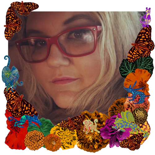Photo of Misty Mangus in a frame with marigolds, flowers, alebrijes and monarch butterflies.
