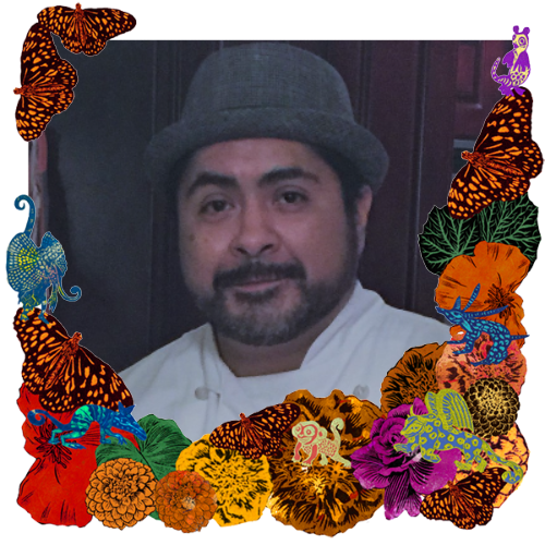 Photo of Moises (Moy) Pedroza in a frame with marigolds, flowers, alebrijes and monarch butterflies.