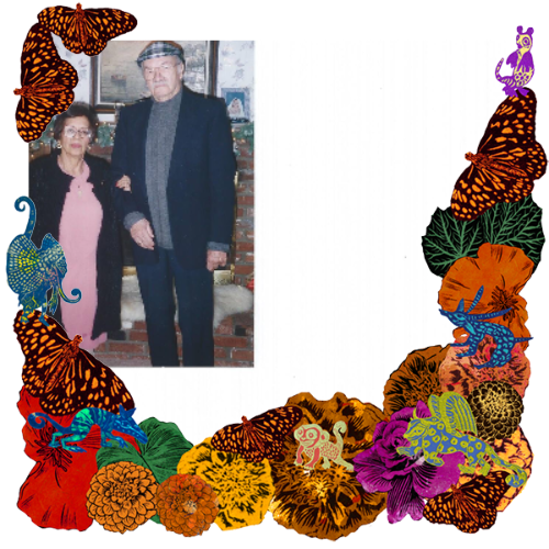 Photo of Mom & Dad in a frame with marigolds, flowers, alebrijes and monarch butterflies.