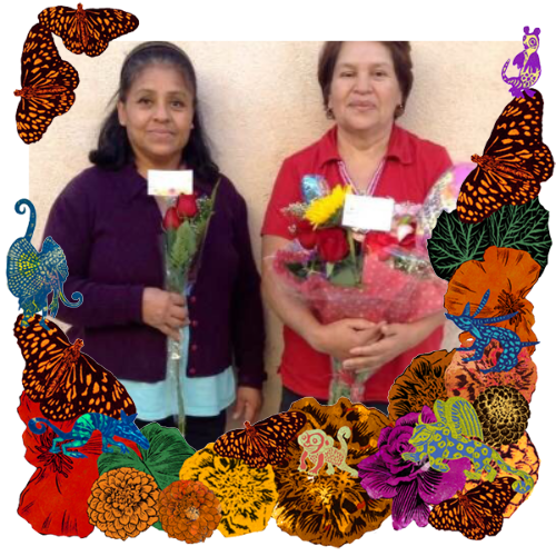 Photo of My mom Elia and aunt Rosa in a frame with marigolds, flowers, alebrijes and monarch butterflies.