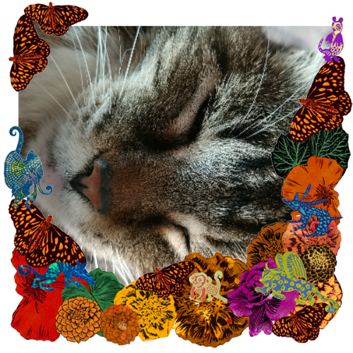 Photo of Monkey in a frame with marigolds, flowers, alebrijes and monarch butterflies.