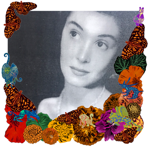 Photo of My Mother in a frame with marigolds, flowers, alebrijes and monarch butterflies.