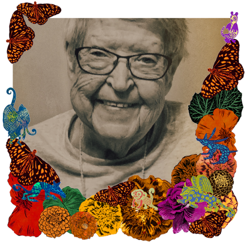 Photo of Mother in a frame with marigolds, flowers, alebrijes and monarch butterflies.