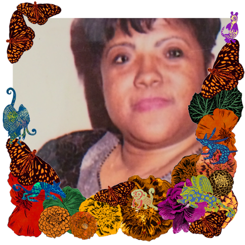 Photo of Ms. Lee in a frame with marigolds, flowers, alebrijes and monarch butterflies.