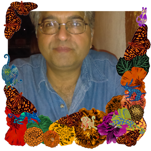 Photo of Mukul Khurana in a frame with marigolds, flowers, alebrijes and monarch butterflies.