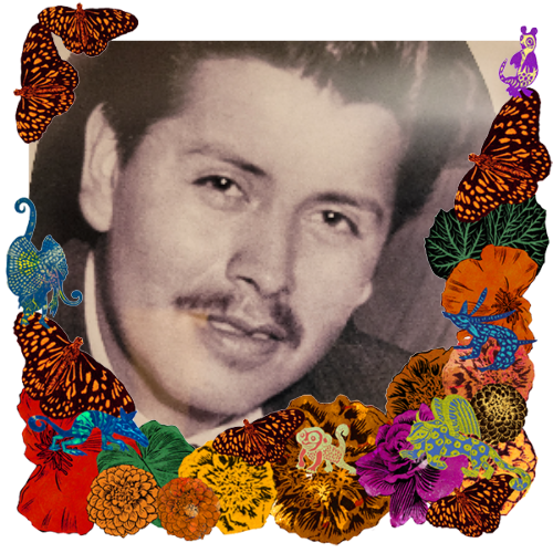 Photo of My Dad in a frame with marigolds, flowers, alebrijes and monarch butterflies.